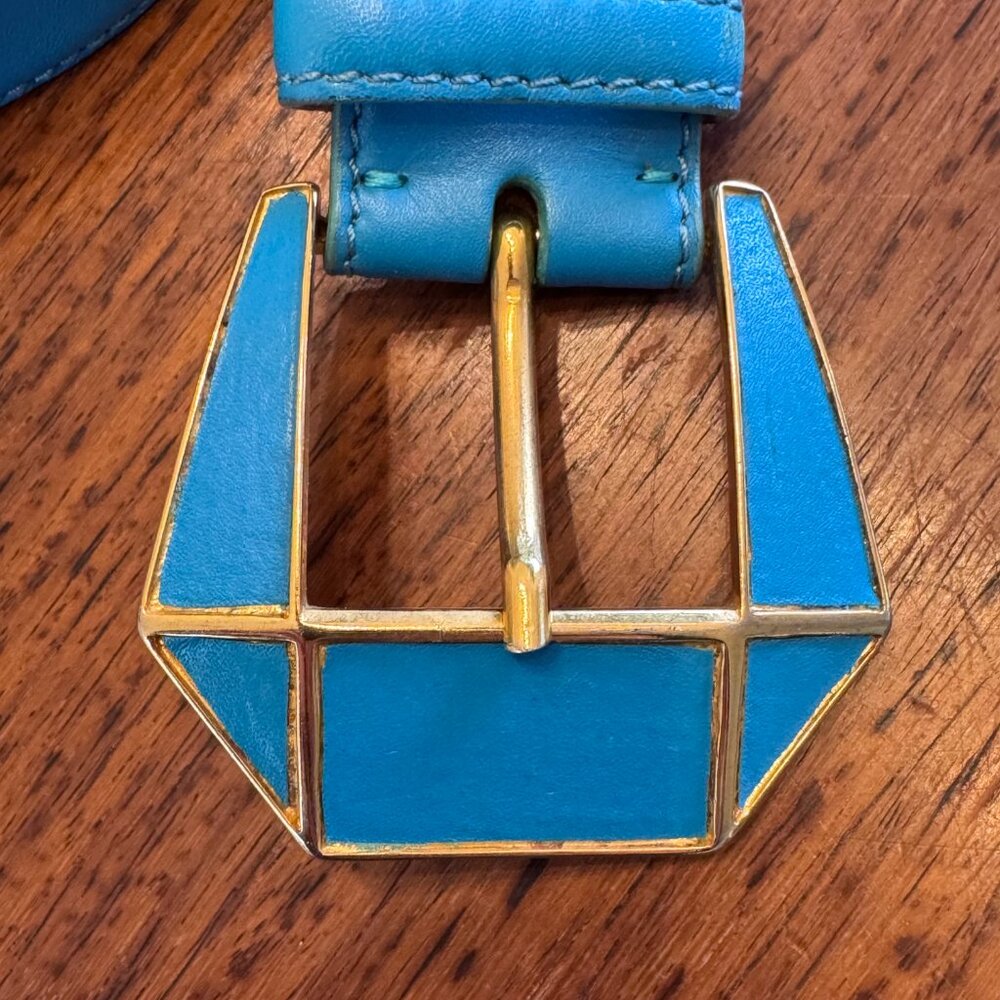 Vintage ESCADA Blue Leather Belt with Large Buckle